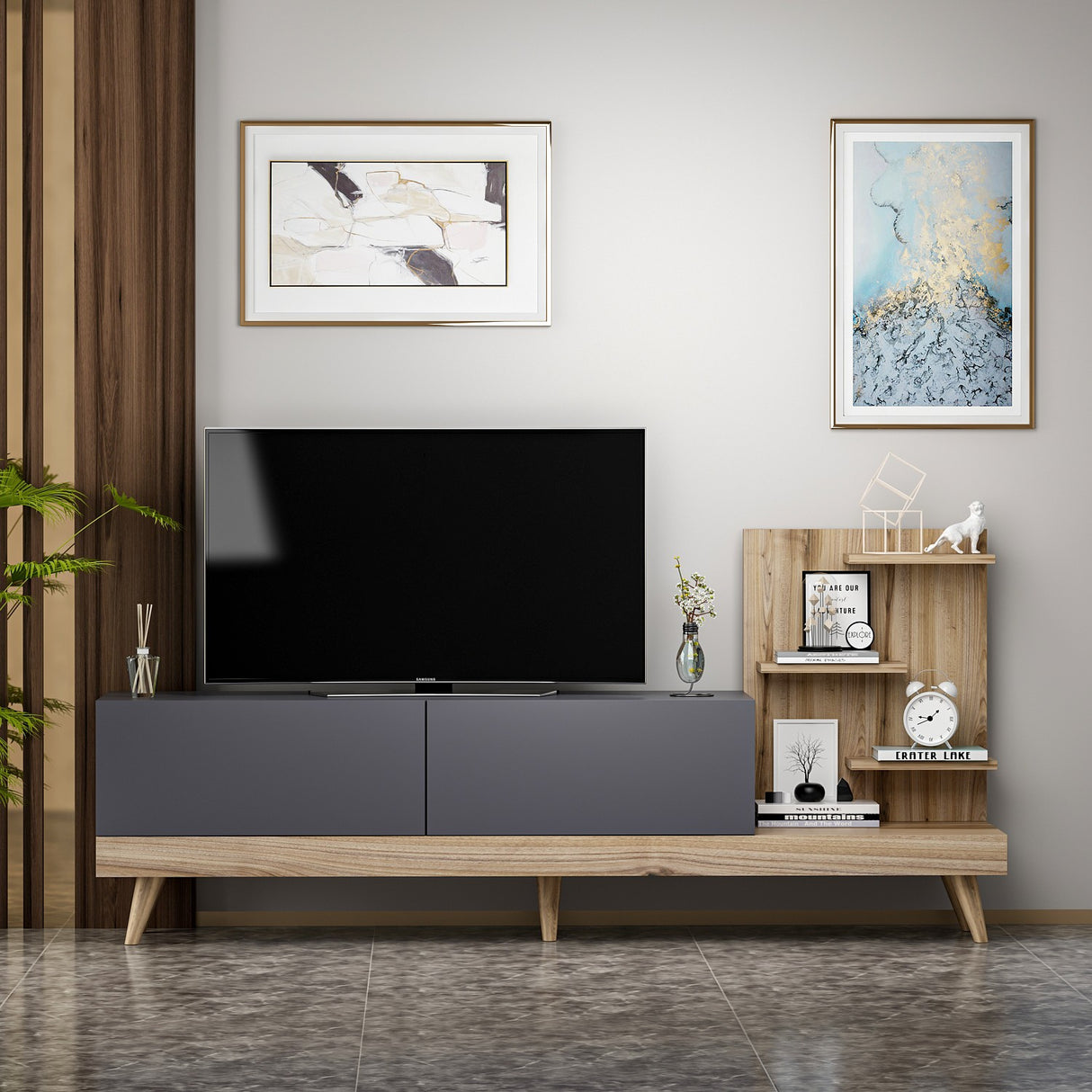 Comodă TV Dizayn, Antracit - Nuc, 180x37x82 cm