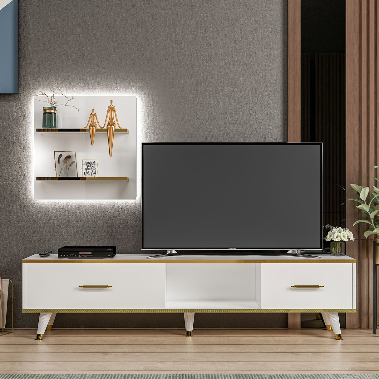 Comodă TV Aren, Diverse culori, 180x35x44 cm - Alb - Auriu | SKU: 382NRC1118 | Comodă TV Aren, 180x35x44 cm, varianta Alb - Auriu, produs pentru amenajarea locuinței, disponibil online în România la CasaMob