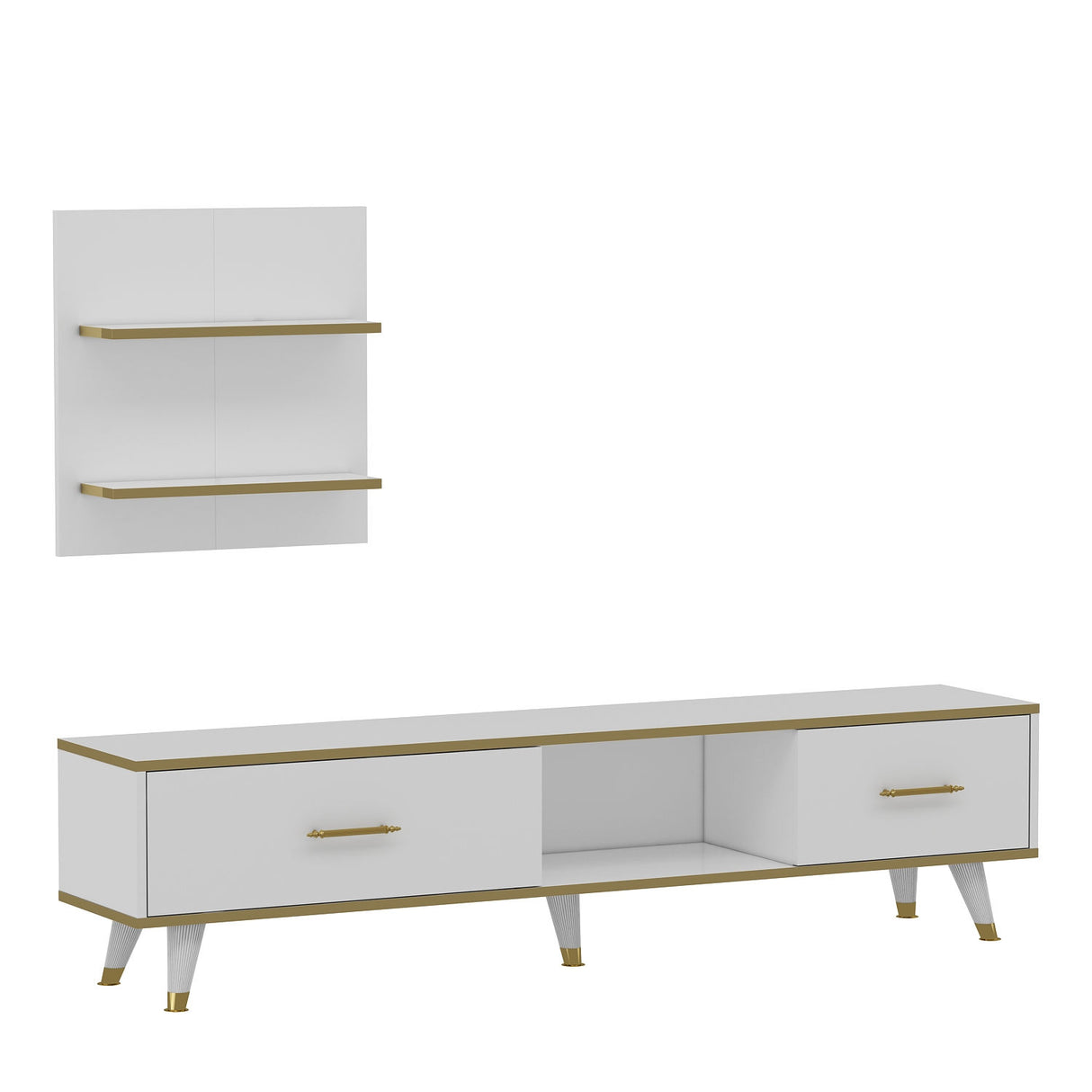 Comodă TV Aren, Diverse culori, 180x35x44 cm - Alb - Auriu | SKU: 382NRC1118 | Comodă TV Aren, 180x35x44 cm, varianta Alb - Auriu, produs pentru amenajarea locuinței, disponibil online în România la CasaMob