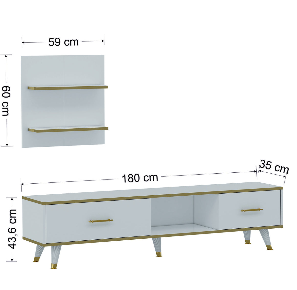 Comodă TV Aren, Diverse culori, 180x35x44 cm - Alb - Auriu | SKU: 382NRC1118 | Comodă TV Aren, 180x35x44 cm, varianta Alb - Auriu, produs pentru amenajarea locuinței, disponibil online în România la CasaMob