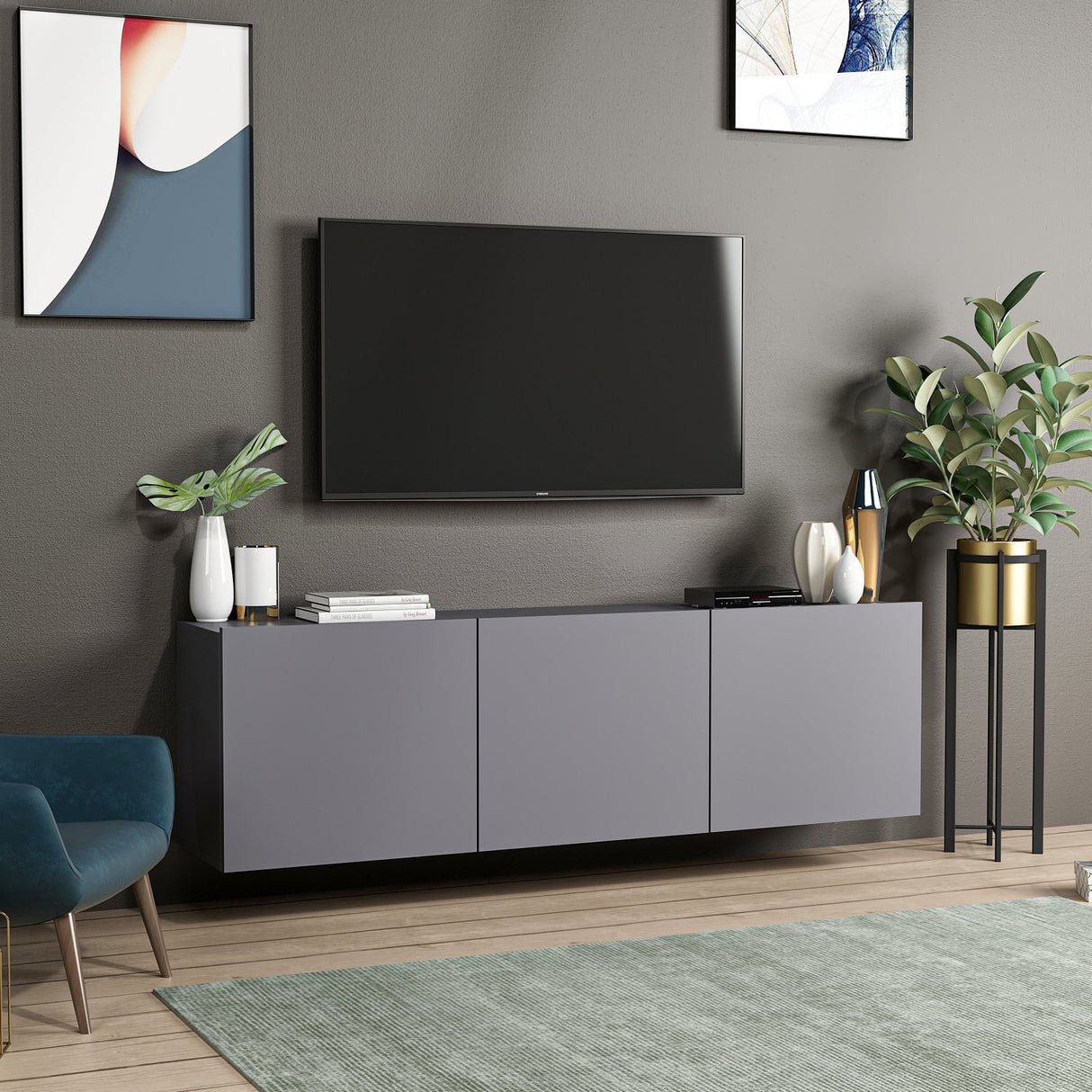 Comodă TV White, Antracit, 150x31x44 cm