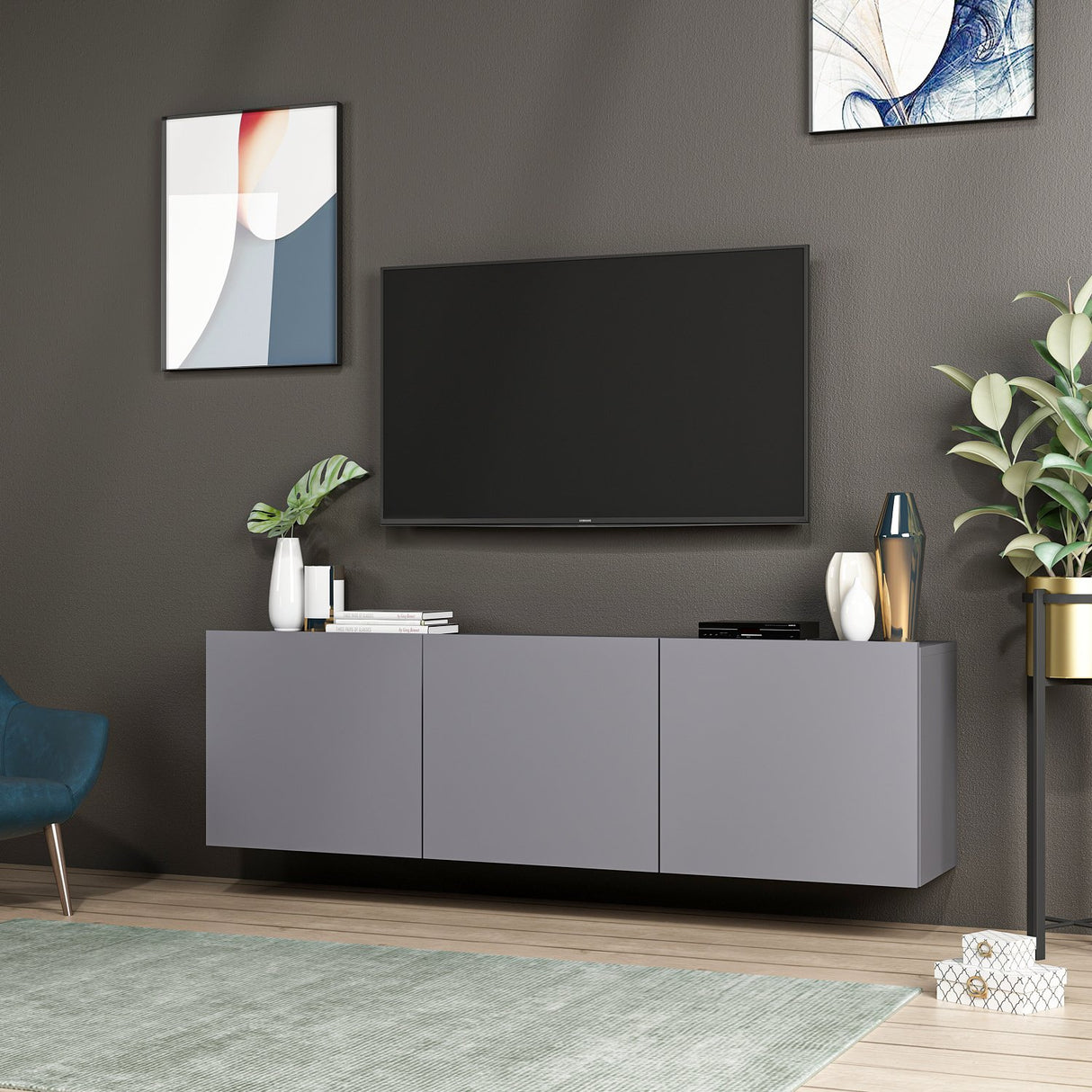 Comodă TV White, Antracit, 150x31x44 cm
