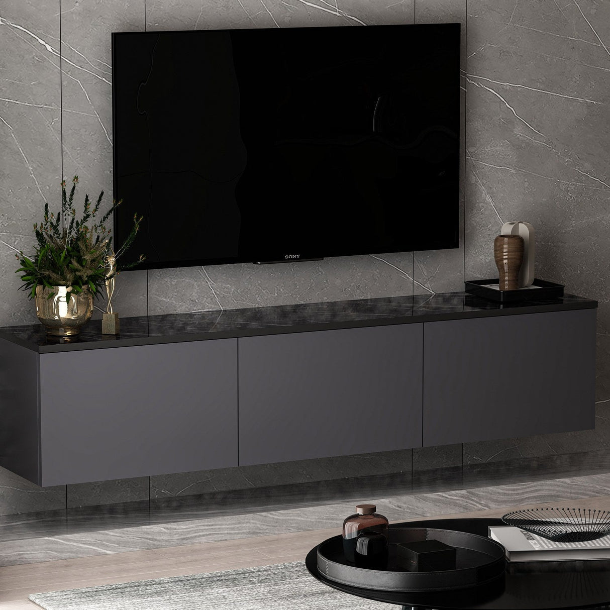 Comodă TV Neon, Diverse culori, 160x32x35 cm - Antracit | SKU: 382NRC1133 | Comodă TV Neon, 160x32x35 cm, varianta Antracit, produs pentru amenajarea locuinței, disponibil online în România la CasaMob