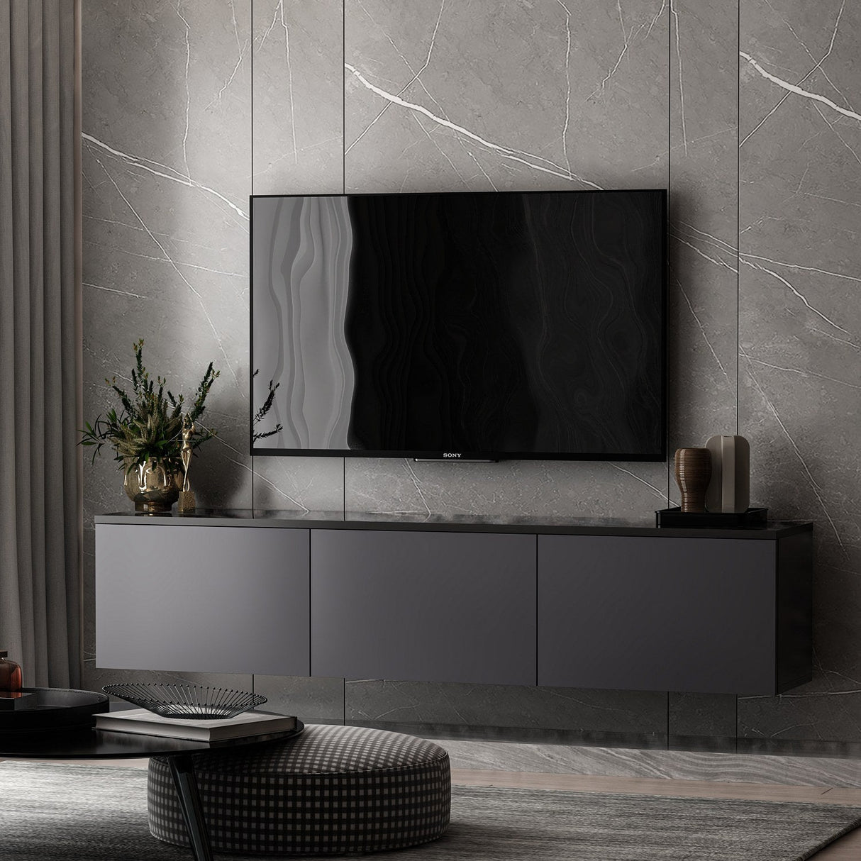Comodă TV Neon, Diverse culori, 160x32x35 cm - Antracit | SKU: 382NRC1133 | Comodă TV Neon, 160x32x35 cm, varianta Antracit, produs pentru amenajarea locuinței, disponibil online în România la CasaMob