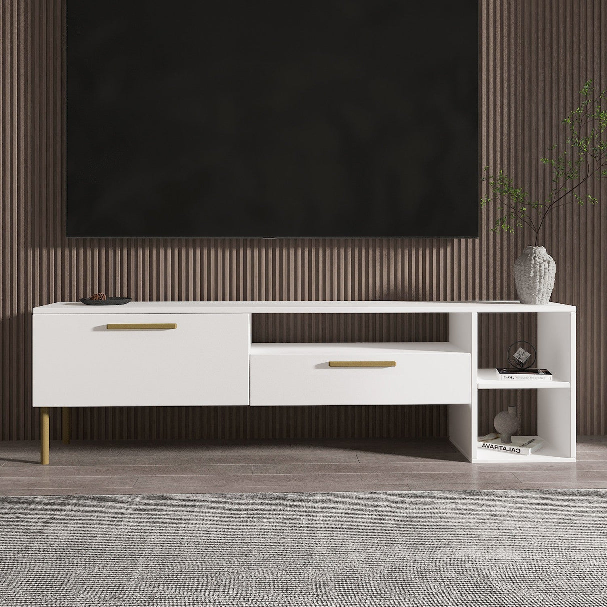 Comodă TV Parion, Diverse culori, 150x35x47 cm - Alb - Auriu | SKU: 382NRC1145 | Comodă TV Parion, 150x35x47 cm, varianta Alb - Auriu, produs pentru amenajarea locuinței, disponibil online în România la CasaMob
