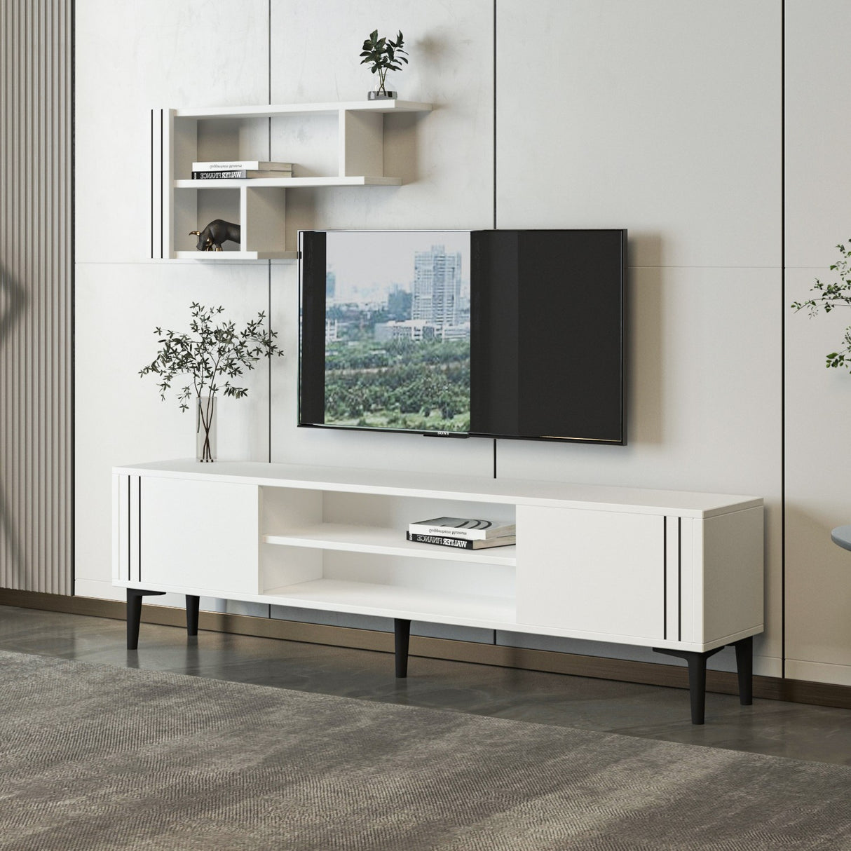 Comodă TV Snow Set, Diverse culori, 140x30x45 cm - Alb | SKU: 382NRC1146 | Comodă TV Snow Set, 140x30x45 cm, varianta Alb, produs pentru amenajarea locuinței, disponibil online în România la CasaMob