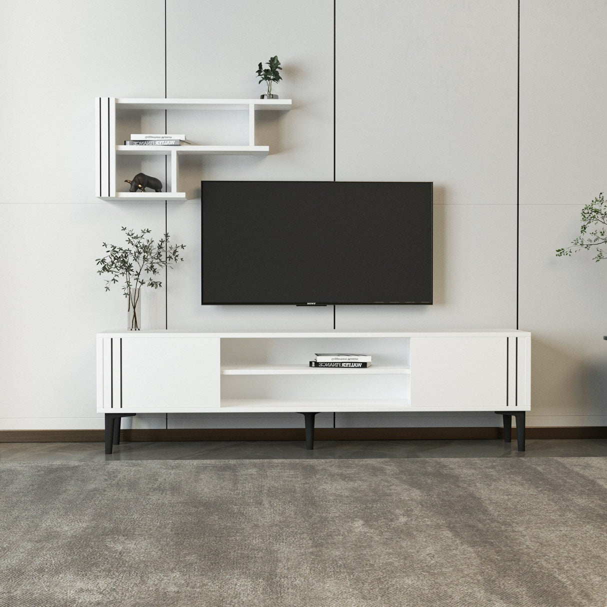 Comodă TV Snow Set, Diverse culori, 140x30x45 cm - Alb | SKU: 382NRC1146 | Comodă TV Snow Set, 140x30x45 cm, varianta Alb, produs pentru amenajarea locuinței, disponibil online în România la CasaMob