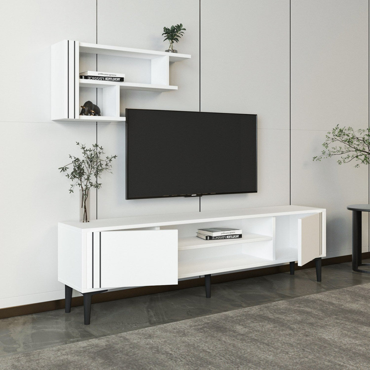 Comodă TV Snow Set, Diverse culori, 140x30x45 cm - Alb | SKU: 382NRC1146 | Comodă TV Snow Set, 140x30x45 cm, varianta Alb, produs pentru amenajarea locuinței, disponibil online în România la CasaMob