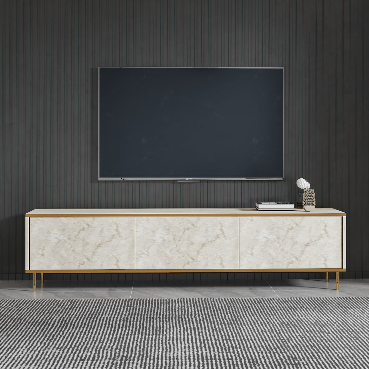 Comodă TV Imaj, Travertin - Auriu, 180x35x45 cm