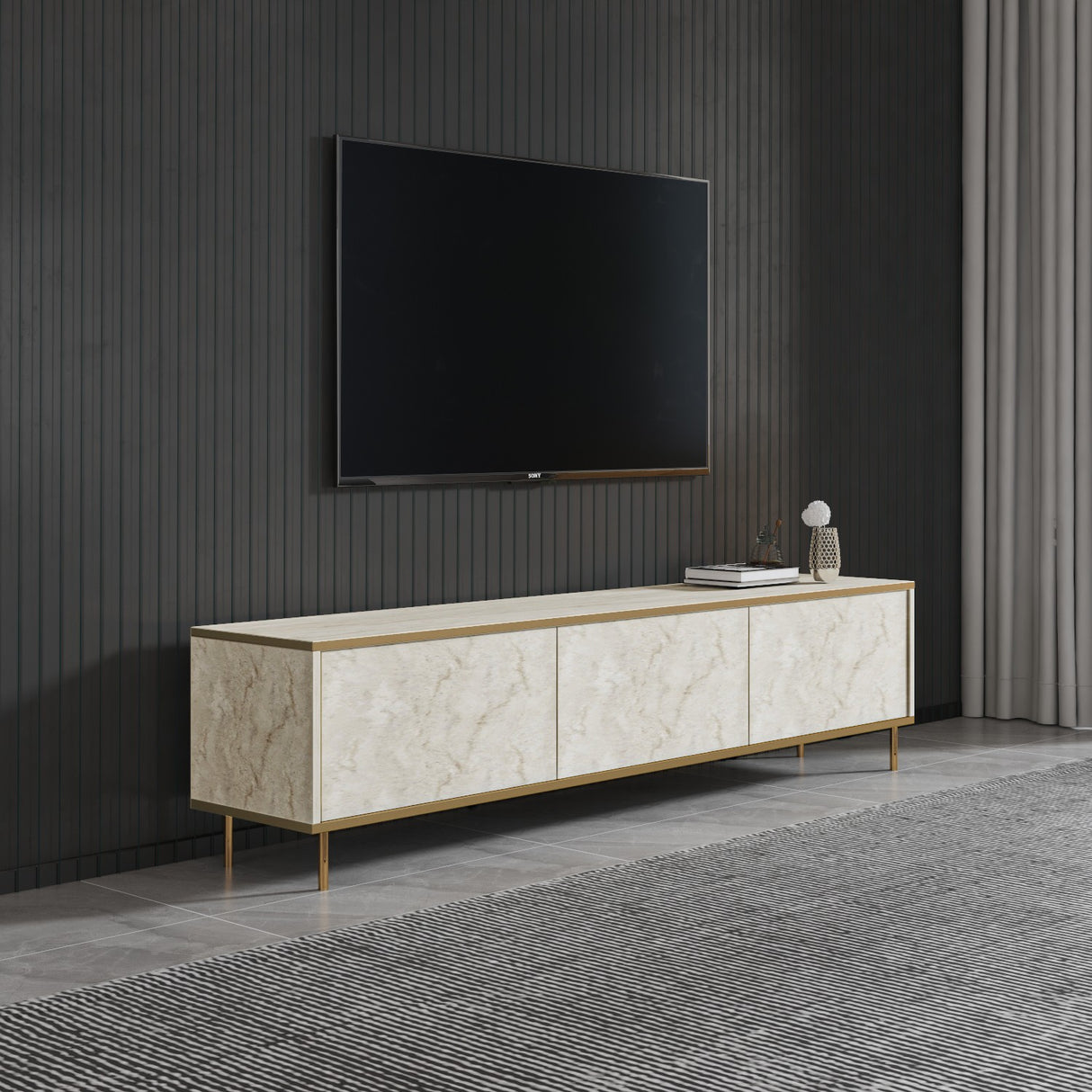 Comodă TV Imaj, Travertin - Auriu, 180x35x45 cm