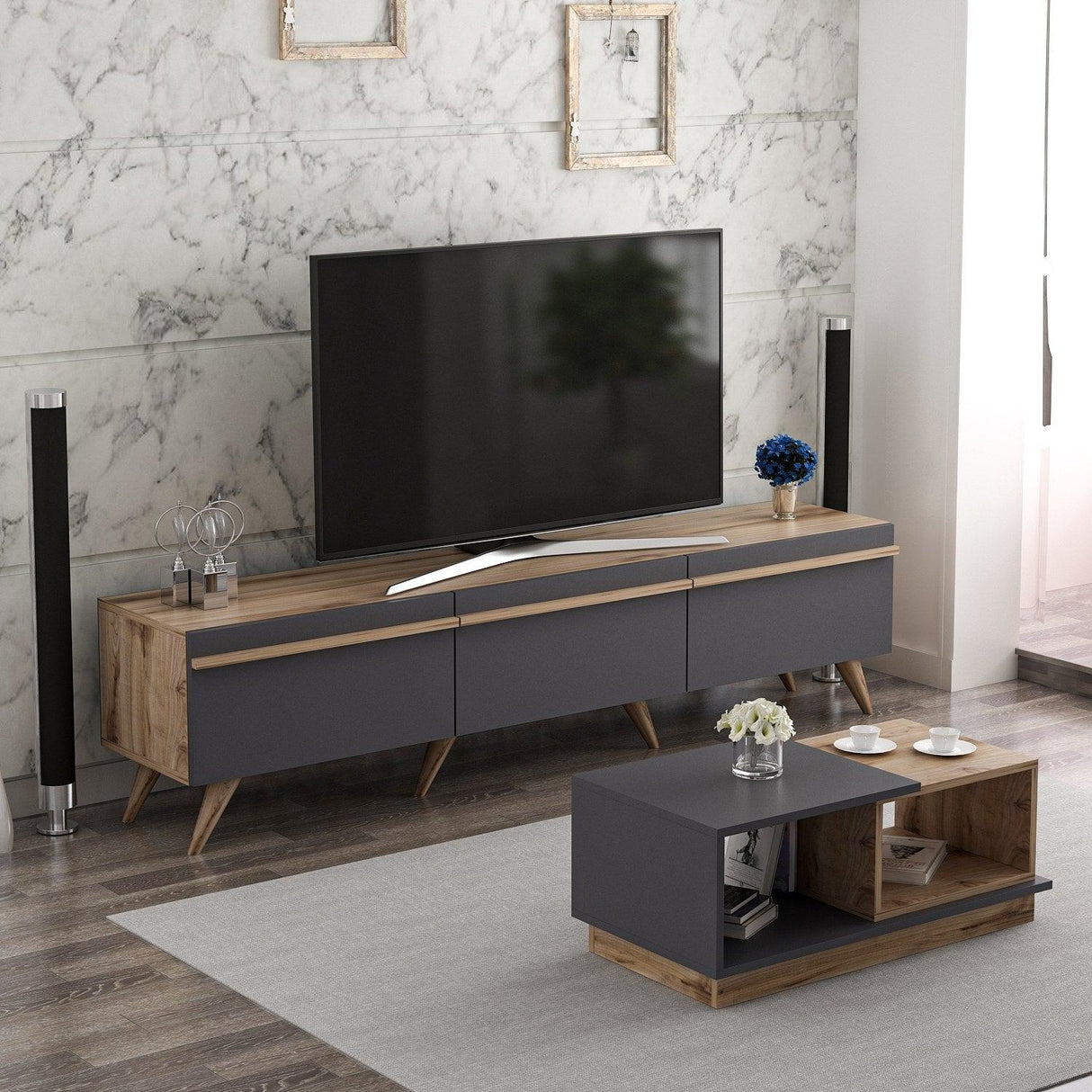 Set Mobila Sufragerie Amsterdam, Gri, 180x42x35 cm