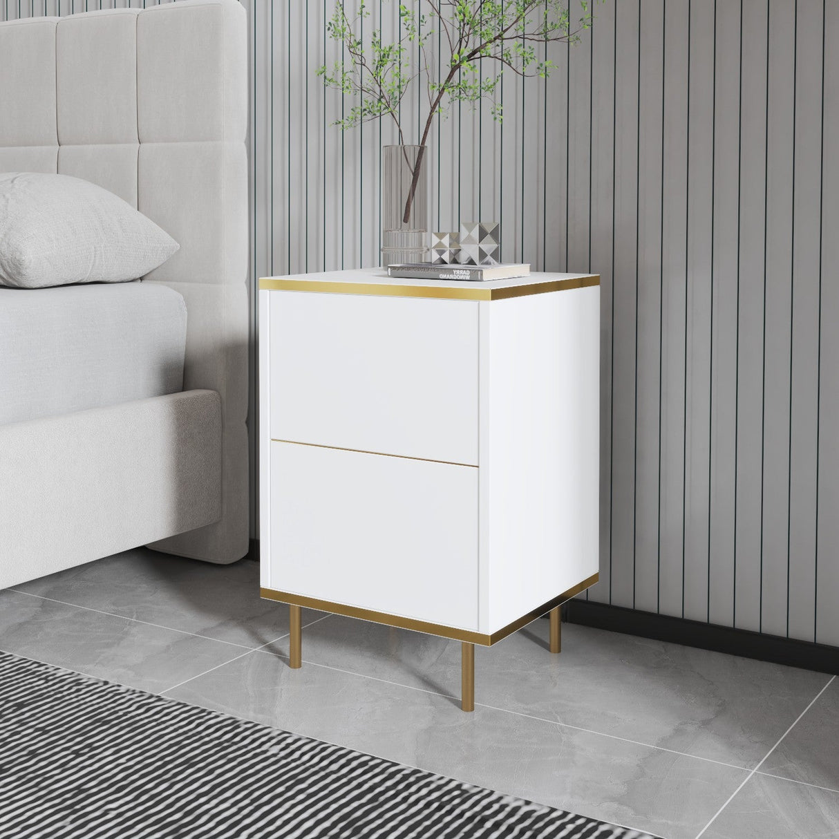 Noptieră Imaj, Diverse culori, 40x35x60 cm - Alb - Auriu | SKU: 382NRC1805 | Noptieră Imaj, 40x35x60 cm, varianta Alb - Auriu, produs pentru amenajarea locuinței, disponibil online în România la CasaMob