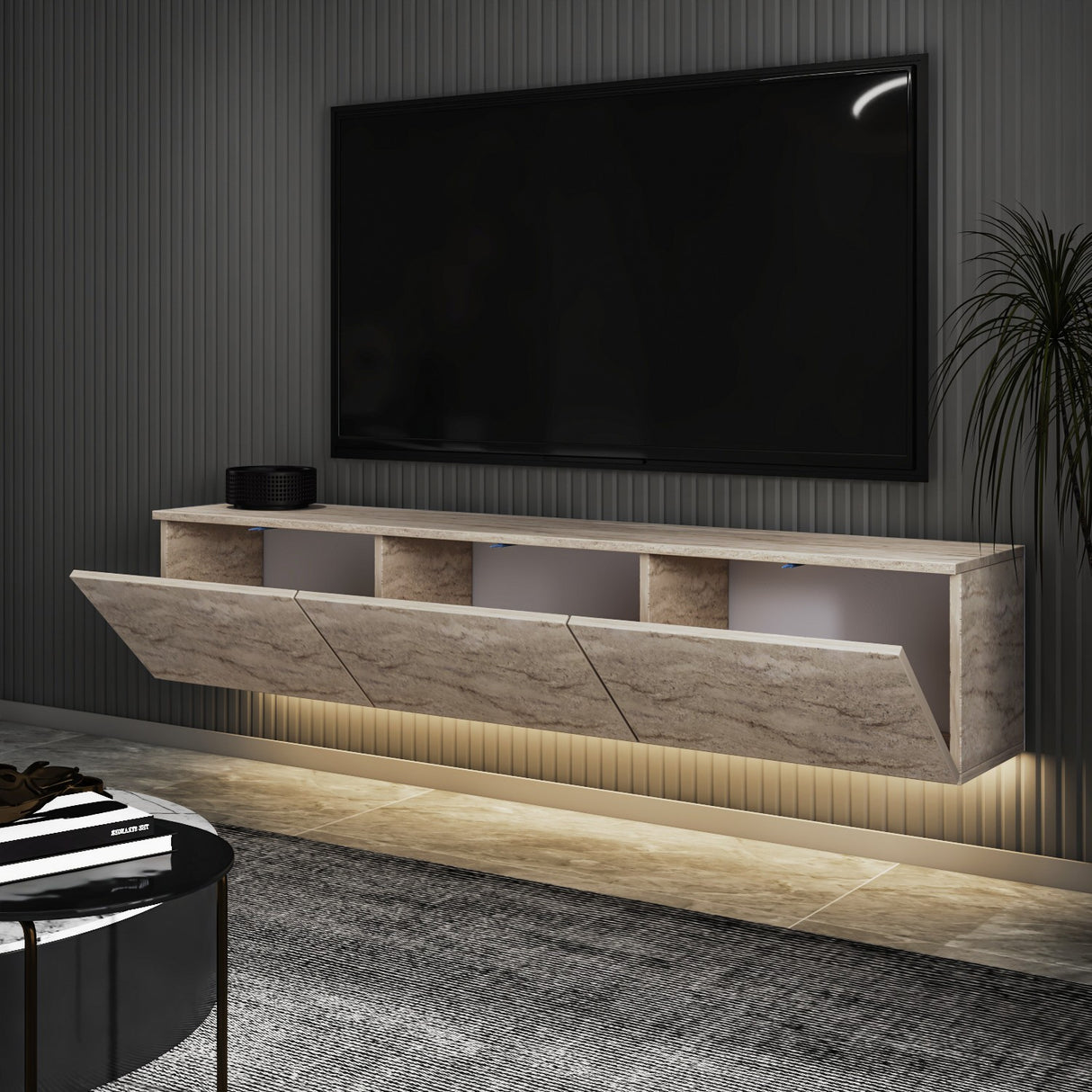 Comodă TV Neon Illuminated, Travertin, 160x32x35 cm
