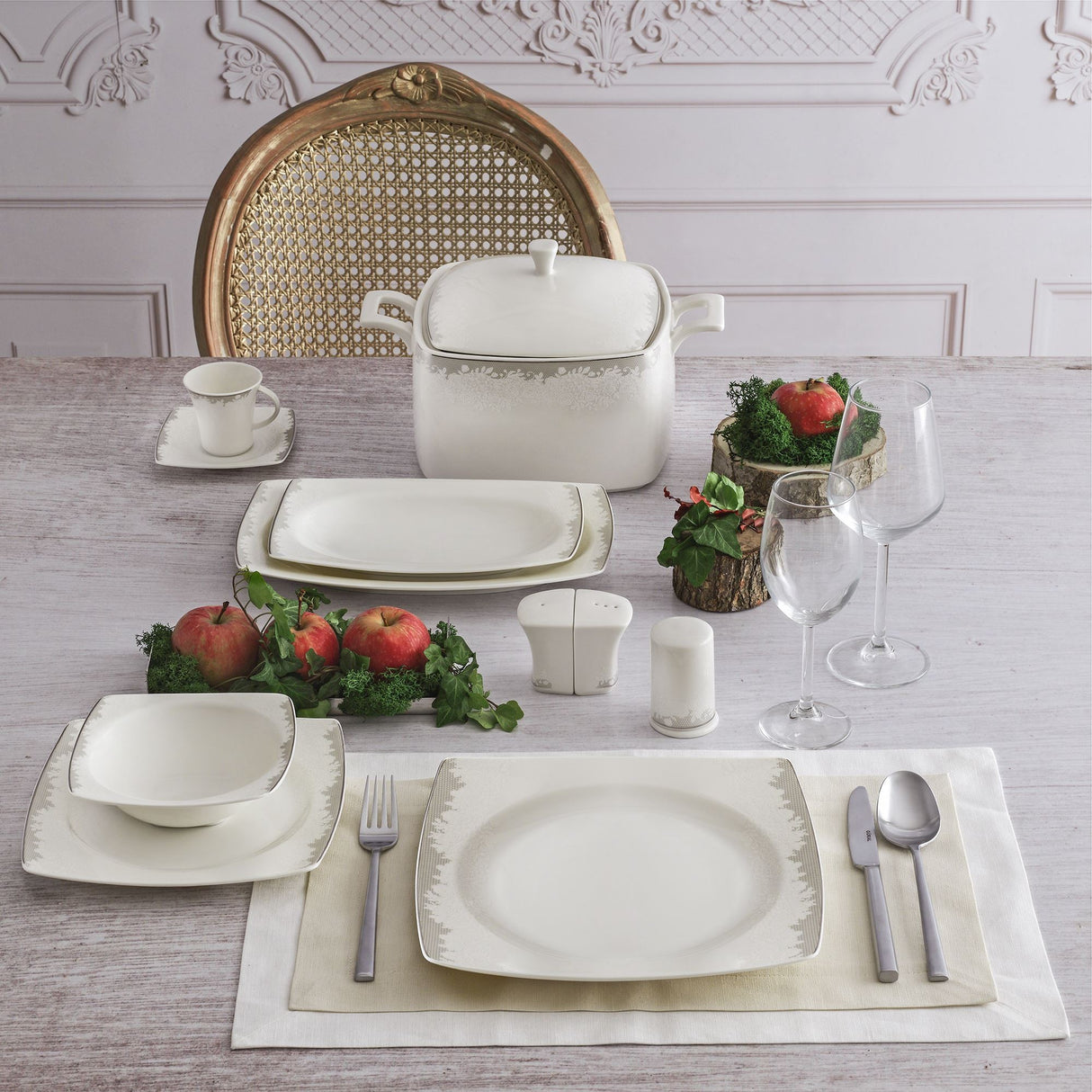 Serviciu de masă 85 bucăți GBSCR85KYT8305489, Alb - Argintiu, 26x26 cm