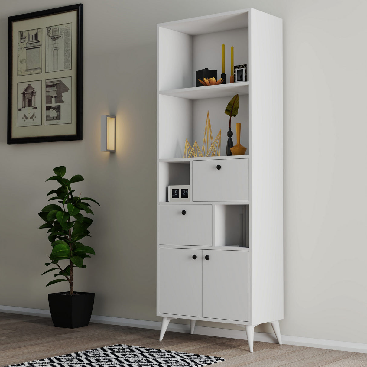 Bibliotecă Ninova - 1954, Alb, 69x35x195 cm