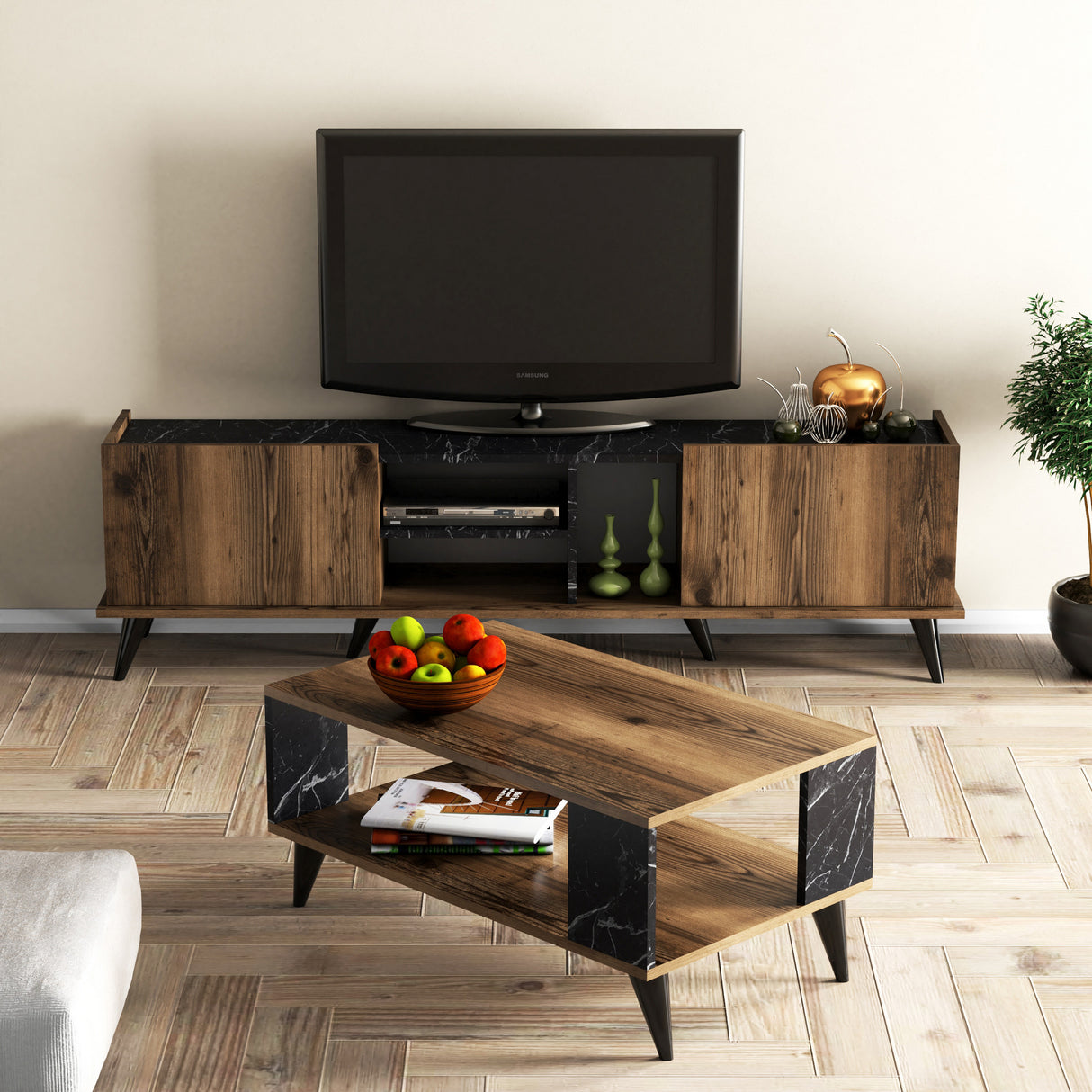 Set mobilă pentru sufragerie Set 1330 - 2024, Nuc - Negru, 180x34x52 cm