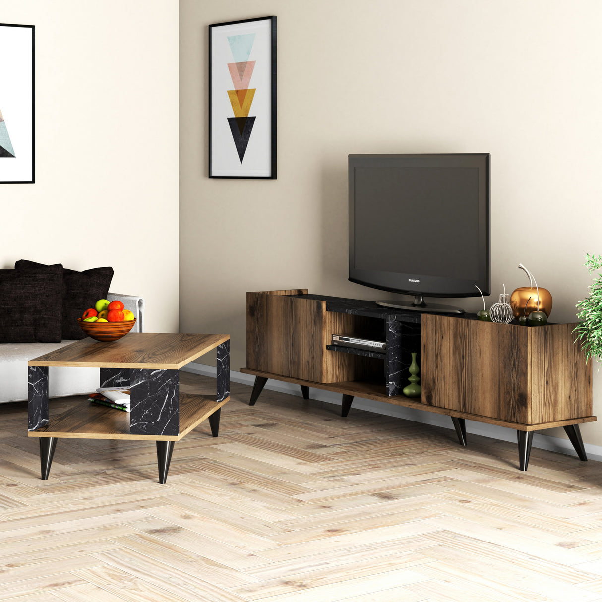 Set mobilă pentru sufragerie Set 1330 - 2024, Nuc - Negru, 180x34x52 cm
