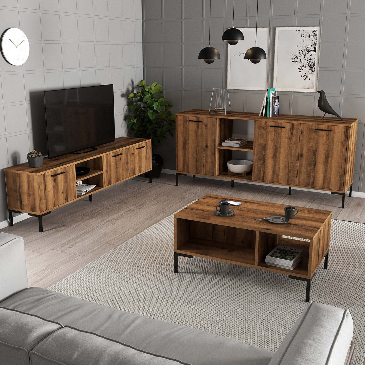 Set mobilă pentru sufragerie Set 1592-2082-1632, Nuc, 150x34x52 cm