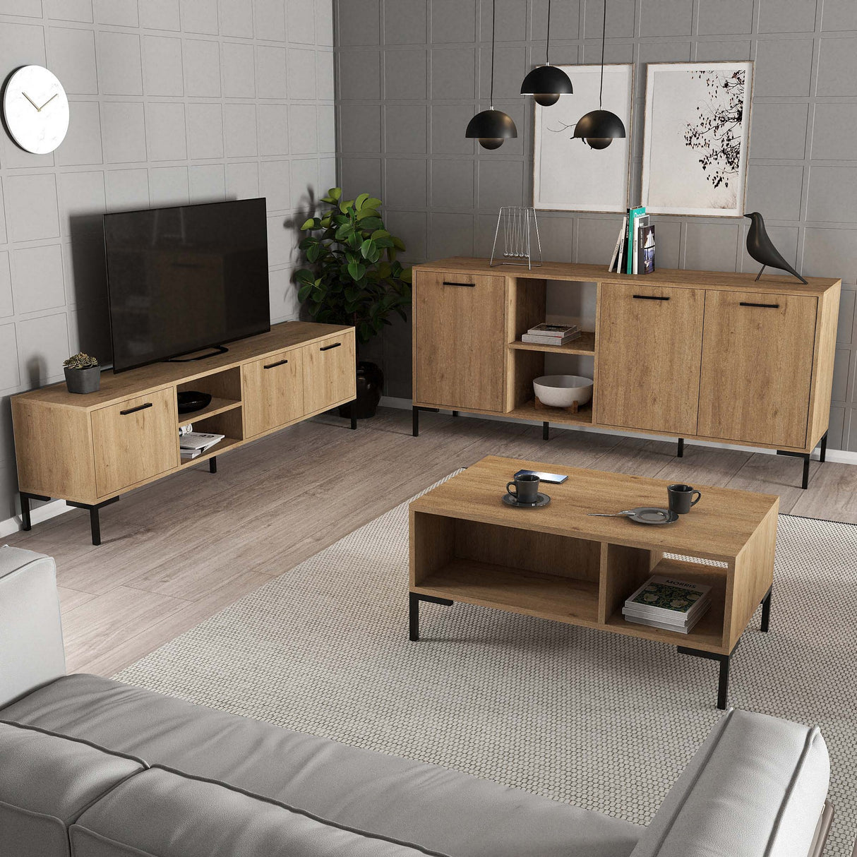 Set mobilă pentru sufragerie Set 1596-2086-1636, Stejar, 150x34x52 cm