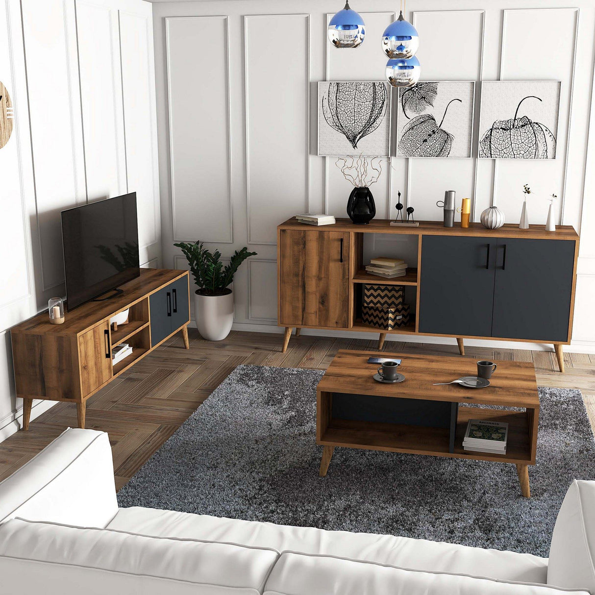 Set mobilă pentru sufragerie Set 1580-2070-1620, Nuc - Antracit, 150x34x52 cm