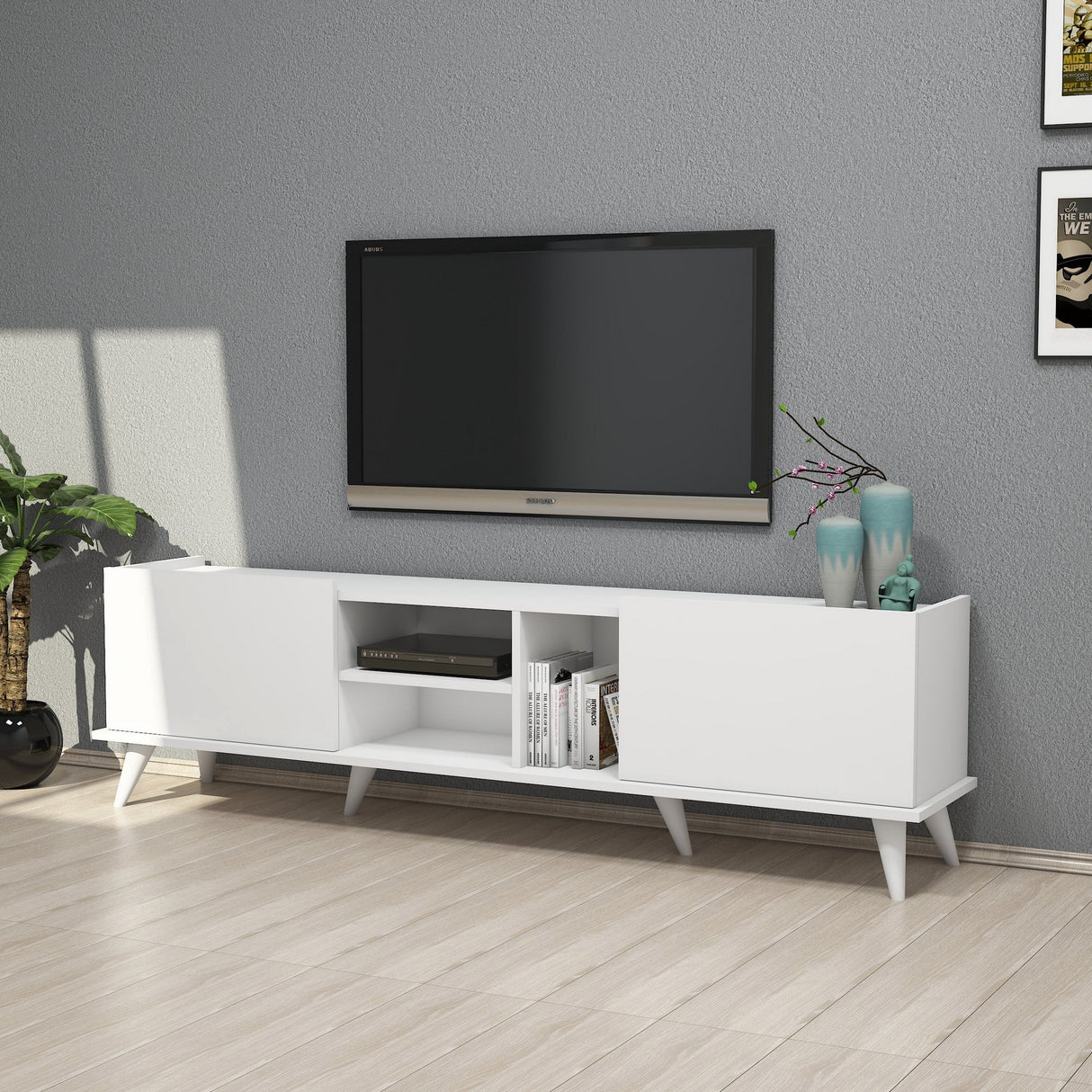Comodă TV Elegante 1320, Alb, 180x34x52 cm