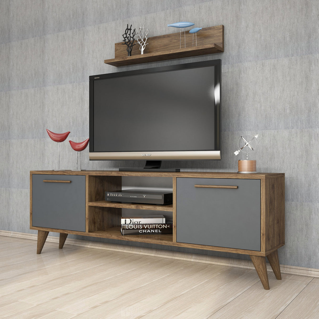 Comodă TV Senfoni 1118, Nuc - Antracit, 138x30x49 cm