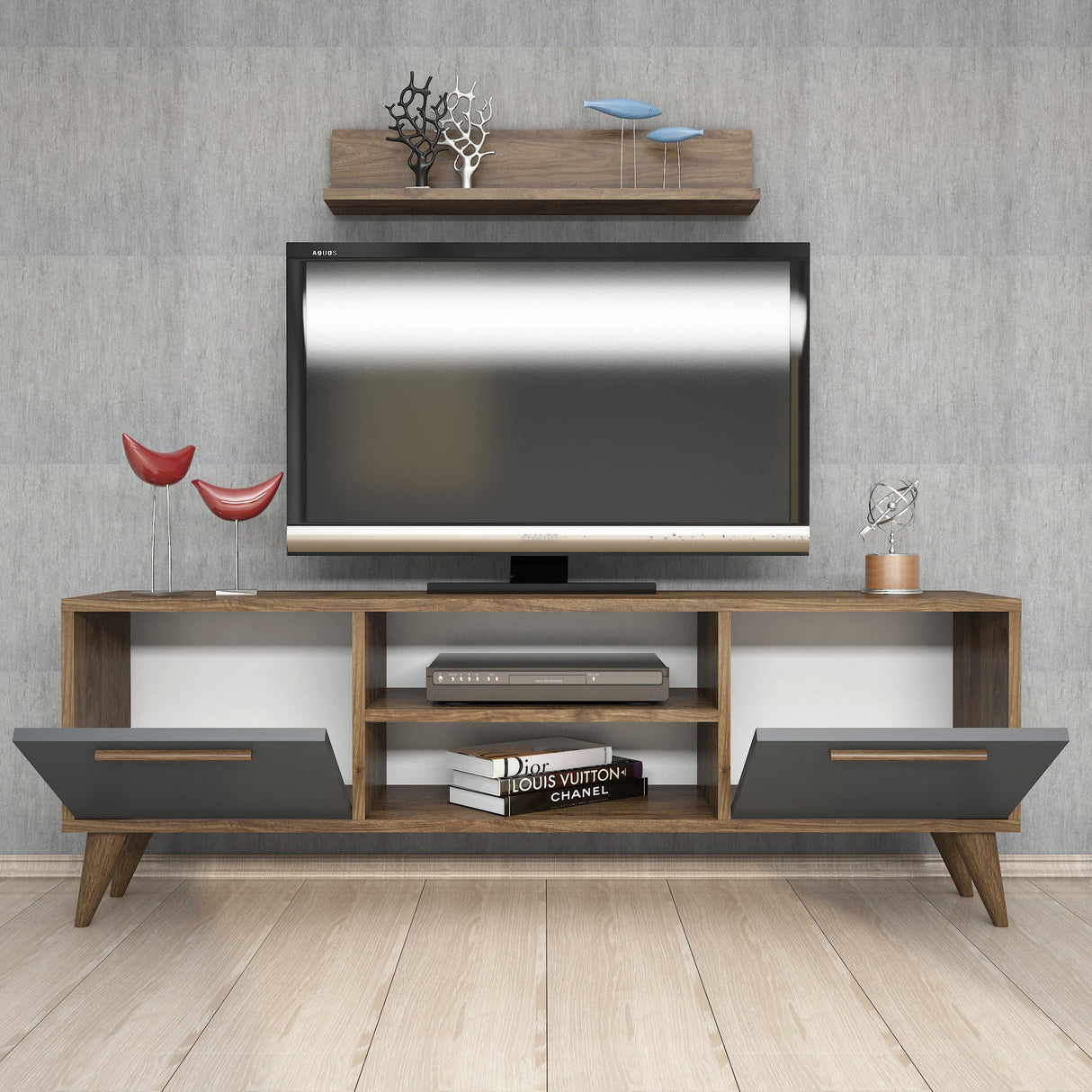 Comodă TV Senfoni 1118, Nuc - Antracit, 138x30x49 cm