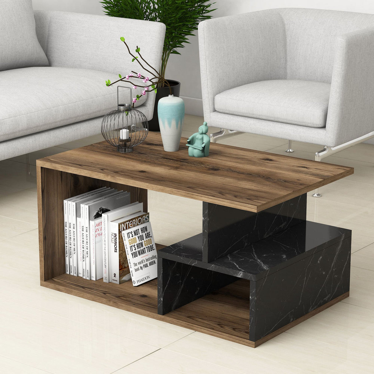 Măsuță de cafea Arte 2040, Dark walnut - Black marble, 90x42x54 cm