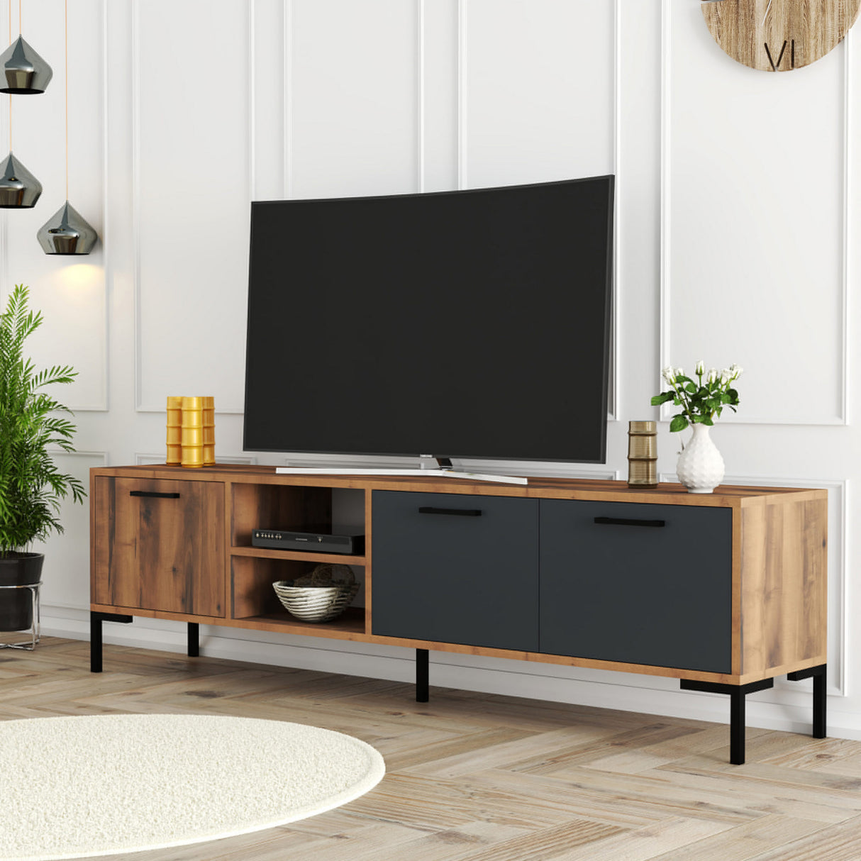 Comodă TV Aurora 1590, Nuc - Antracit, 180x35x50 cm