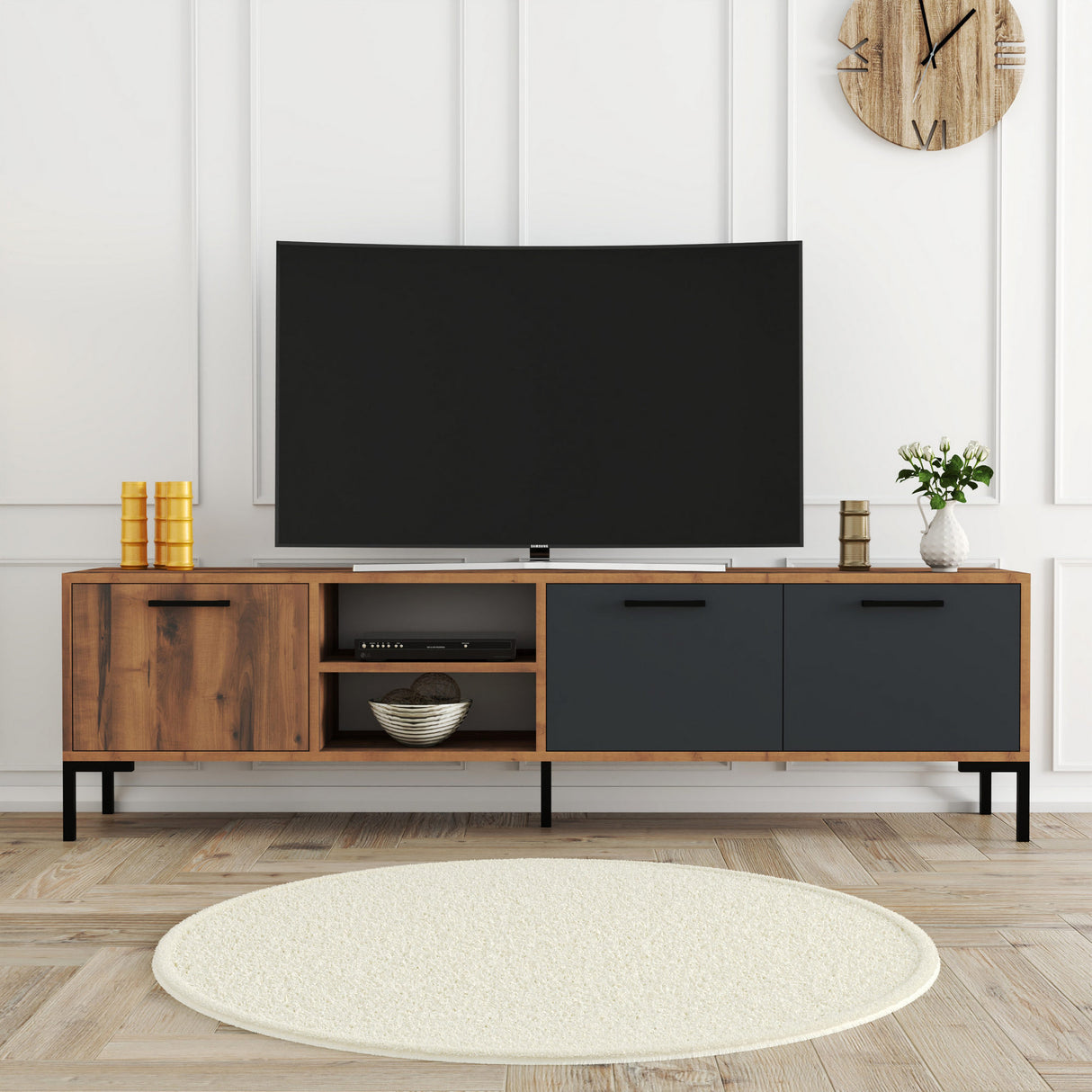 Comodă TV Aurora 1590, Nuc - Antracit, 180x35x50 cm