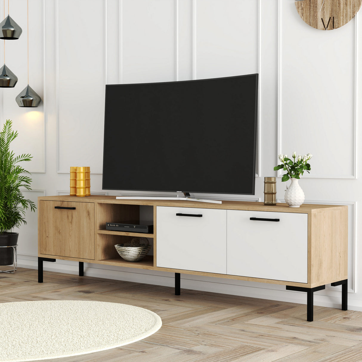 Comodă TV Aurora 1594, Stejar - Alb, 180x35x50 cm