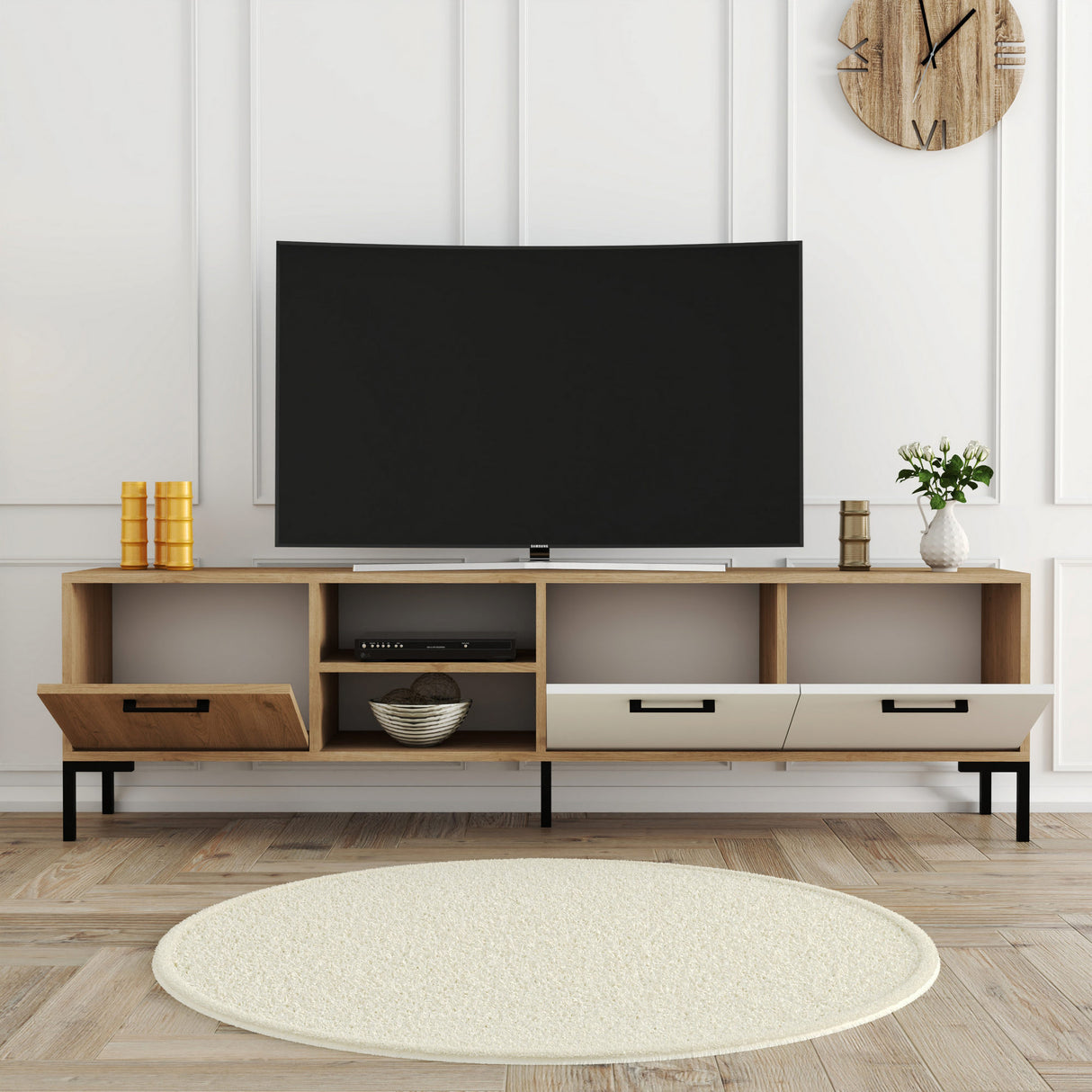 Comodă TV Aurora 1594, Stejar - Alb, 180x35x50 cm