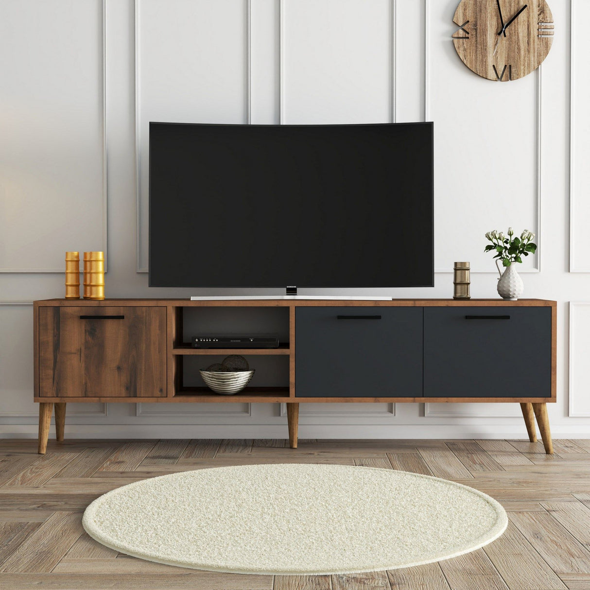 Comodă TV Exxen - 1581, Nuc - Antracit, 180x35x53 cm