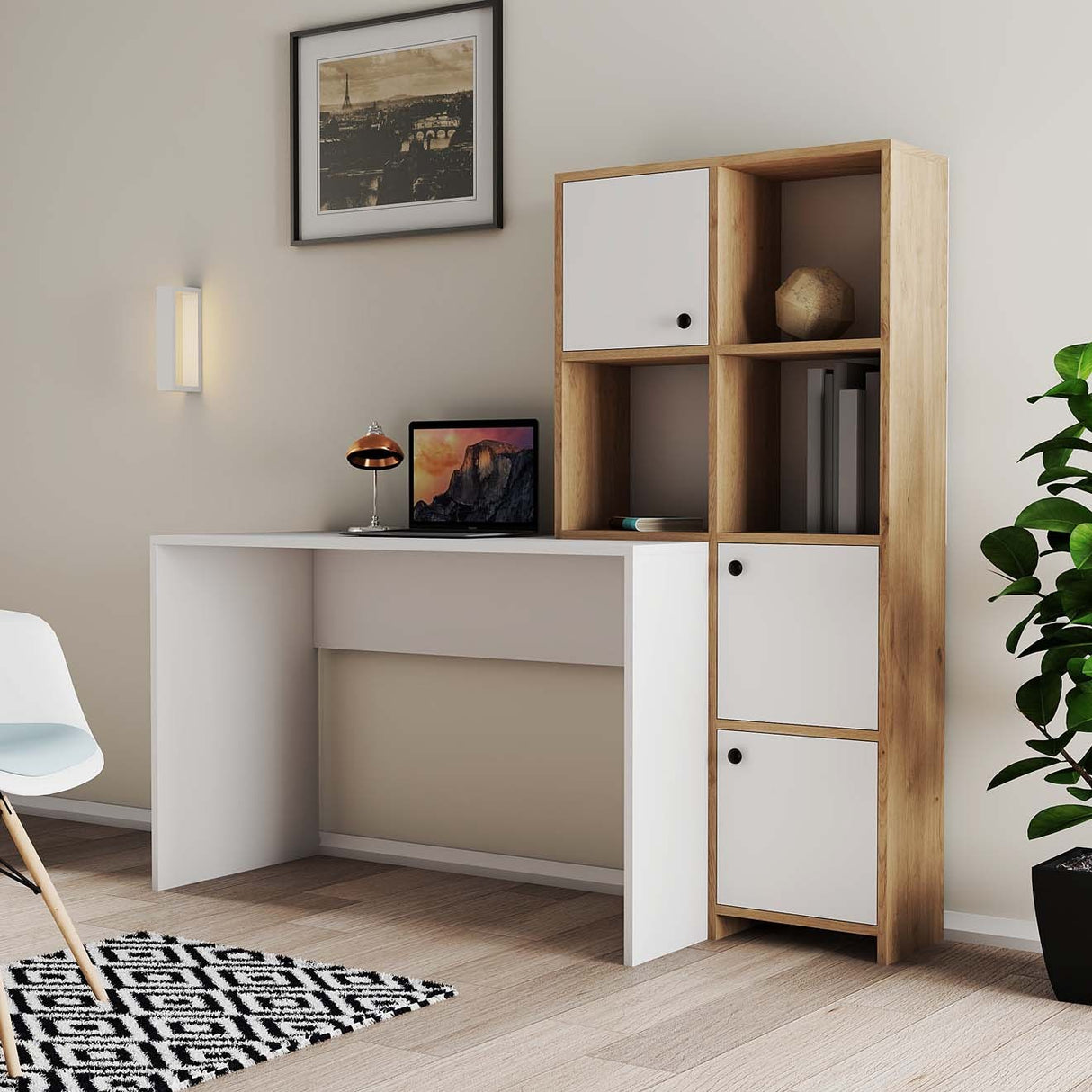 Birou Silence - 1993, Alb - Stejar, 157x52x147 cm