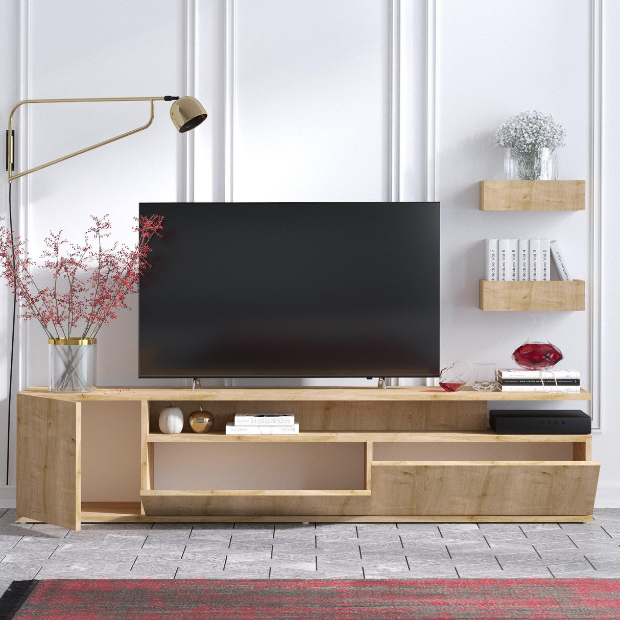 Comoda Tv Alika cu 3 usi, Stejar, 180 x 45 x 35 cm