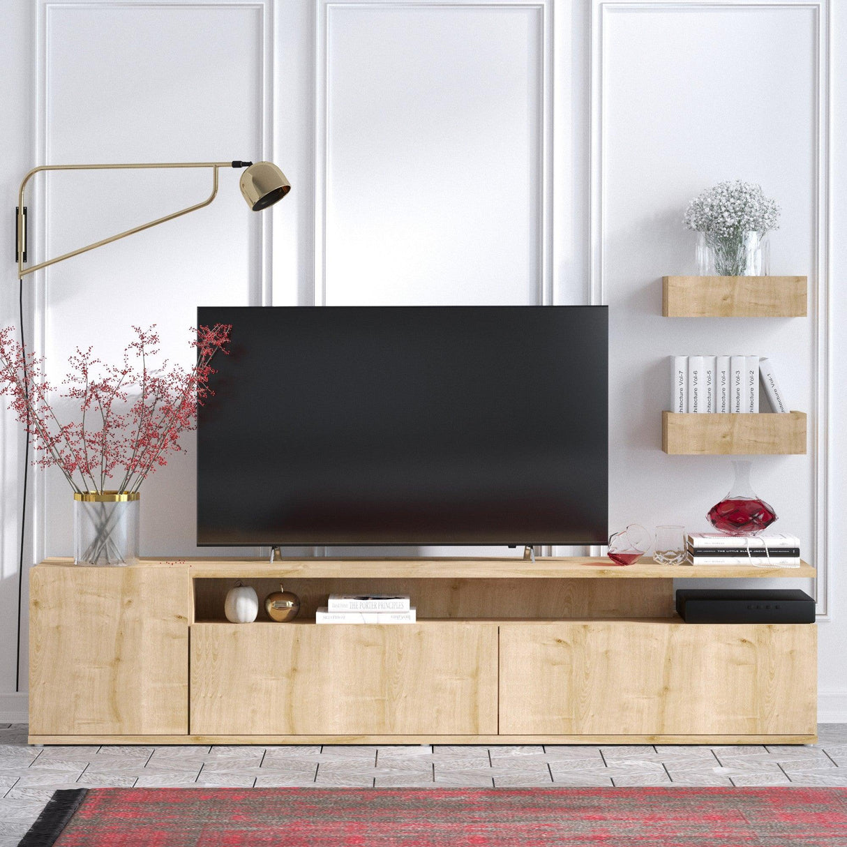 Comoda Tv Alika cu 3 usi, Stejar, 180 x 45 x 35 cm