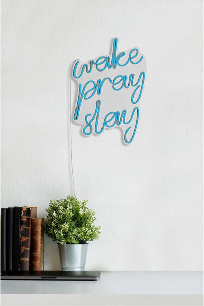 Albastru | SKU: 395NGR1748 | Lampă neon Wake Pray Slay, 26x38x2 cm, varianta Albastru, produs pentru amenajarea locuinței, disponibil online în România la CasaMob
