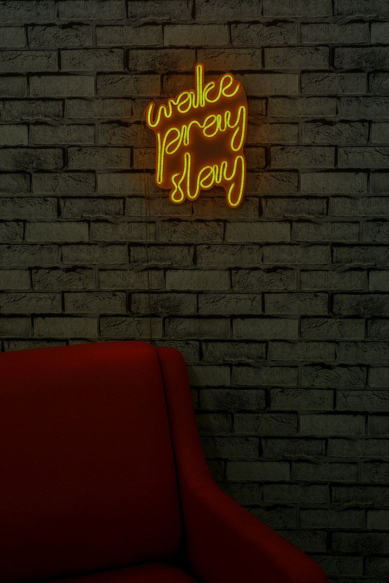 Galben | SKU: 395NGR1750 | Lampă neon Wake Pray Slay, 26x38x2 cm, varianta Galben, produs pentru amenajarea locuinței, disponibil online în România la CasaMob