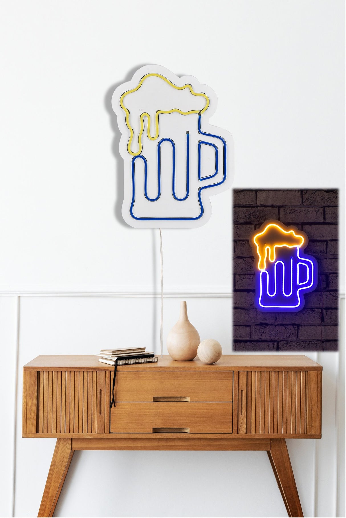 Lampă neon Beer Glass Yellow, Albastru - Galben, 26x35x2 cm
