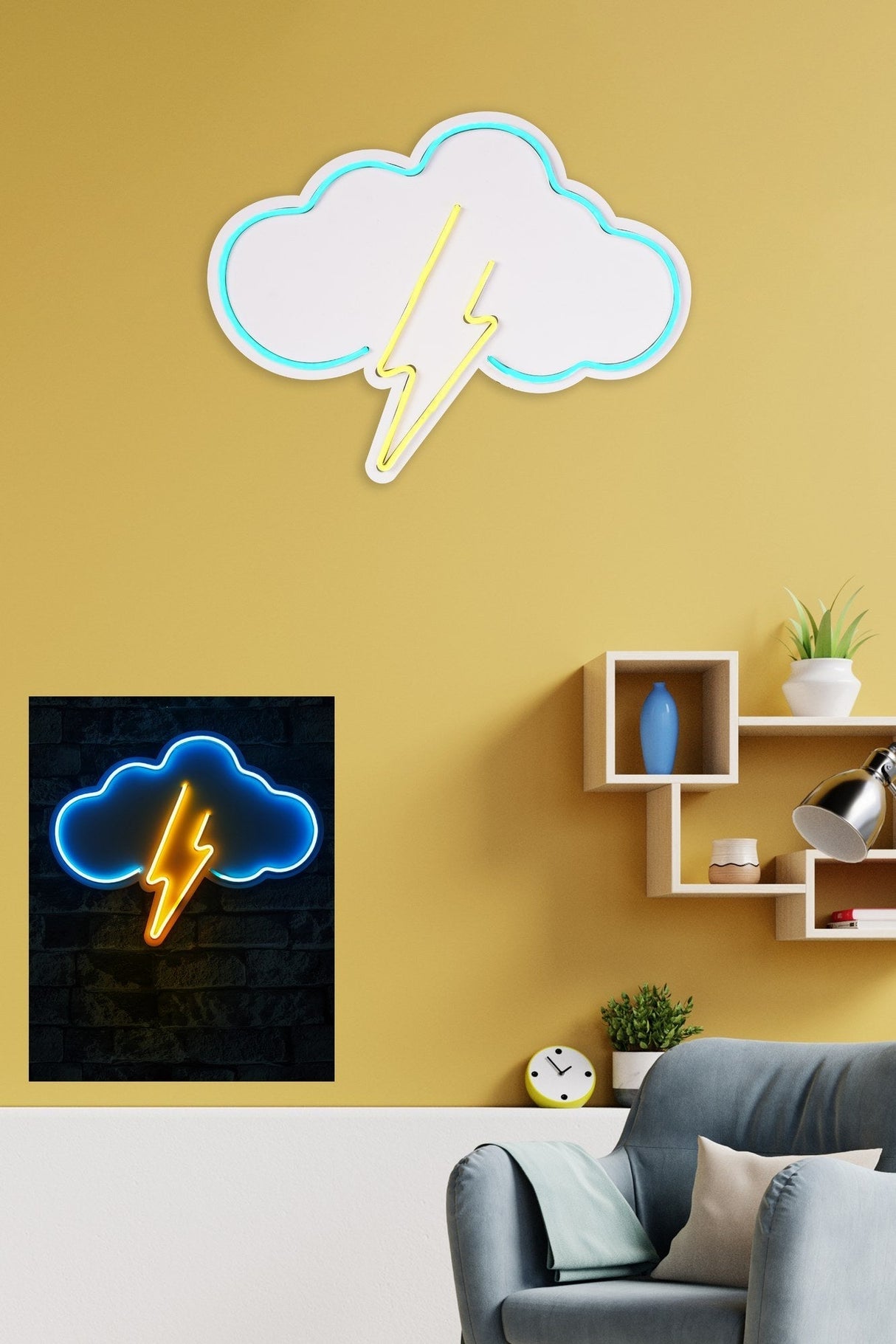 Lampă neon Thunder Storm, Diverse culori, Diverse dimensiuni - Albastru - Galben - 45x35x3 cm | SKU: 395NGR2395 | Lampă neon Thunder Storm, varianta Albastru - Galben - 45x35x3 cm, produs pentru amenajarea locuinței, disponibil online în România la CasaMob