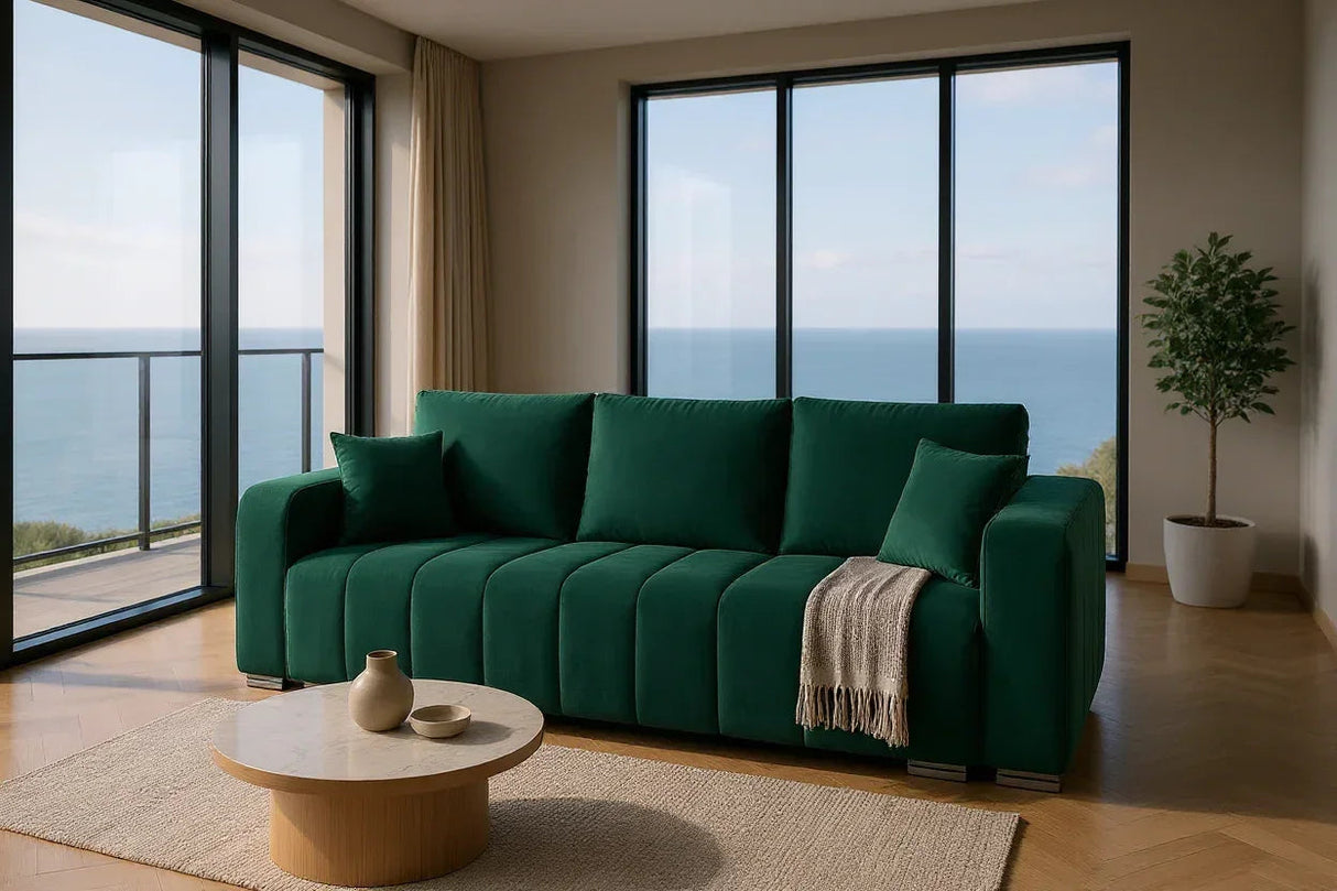 Canapea extensibilă 3 locuri cu depozitare Armando, Diverse culori, 230x92x90 cm - Verde | SKU: 3SBD/VEL010 | Canapea extensibilă 3 locuri cu depozitare Armando, 230x92x90 cm, varianta Verde, produs pentru amenajarea locuinței, disponibil online în România la CasaMob