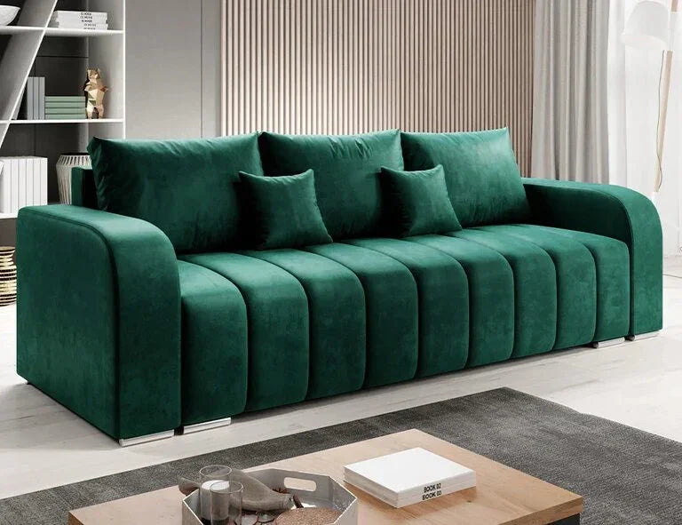Canapea extensibilă 3 locuri cu depozitare Armando, Diverse culori, 230x92x90 cm - Verde | SKU: 3SBD/VEL010 | Canapea extensibilă 3 locuri cu depozitare Armando, 230x92x90 cm, varianta Verde, produs pentru amenajarea locuinței, disponibil online în România la CasaMob