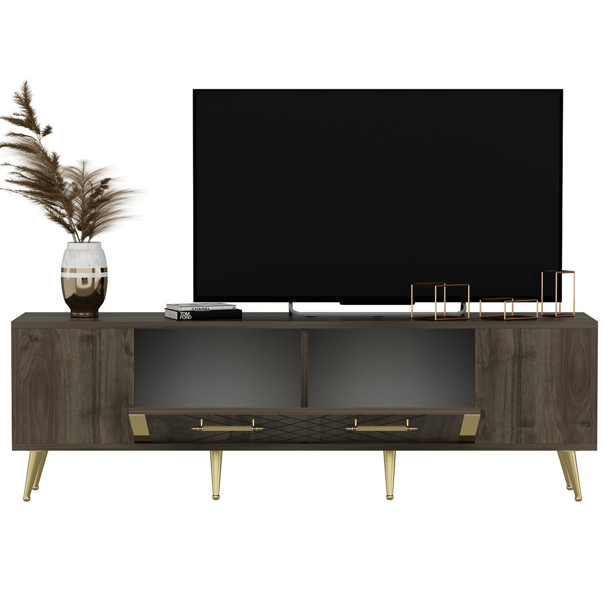 Comodă TV Detas, Nuc - Auriu, 150x35x48 cm