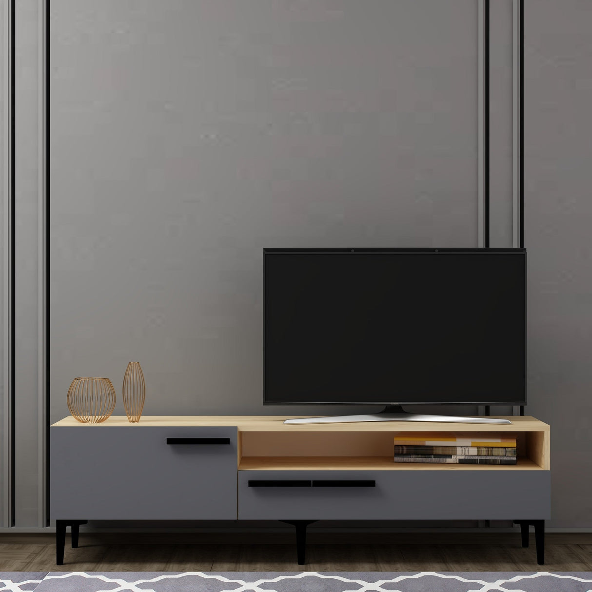 Comodă TV Zera, Diverse culori, 150x35x50 cm - Stejar - Alb | SKU: 475OLV1103 | Comodă TV Zera, 150x35x50 cm, varianta Stejar - Alb, produs pentru amenajarea locuinței, disponibil online în România la CasaMob