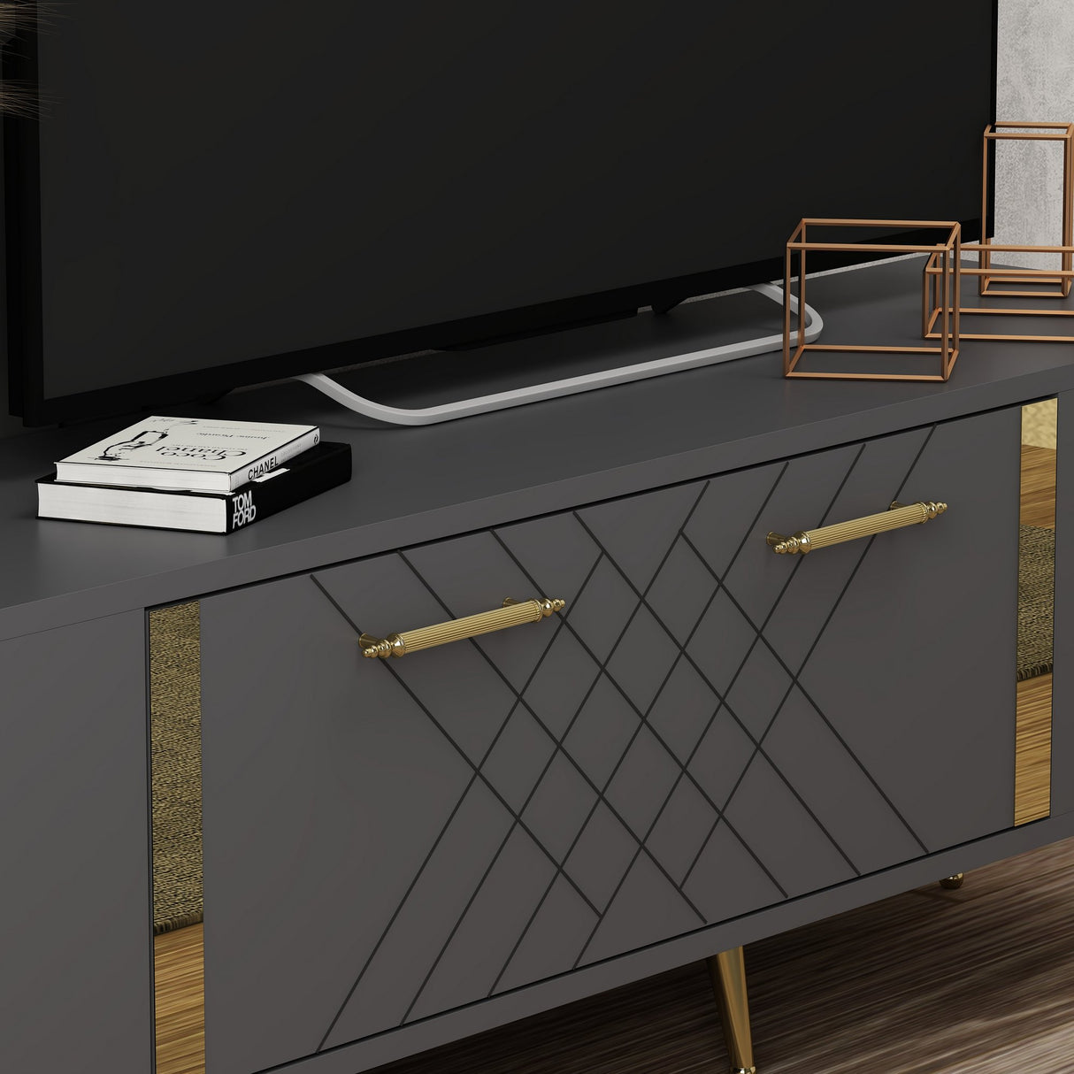 Comodă TV Detas, Diverse culori, 150x35x48 cm - Antracit - Auriu | SKU: 475OLV1138 | Comodă TV Detas, 150x35x48 cm, varianta Antracit - Auriu, produs pentru amenajarea locuinței, disponibil online în România la CasaMob