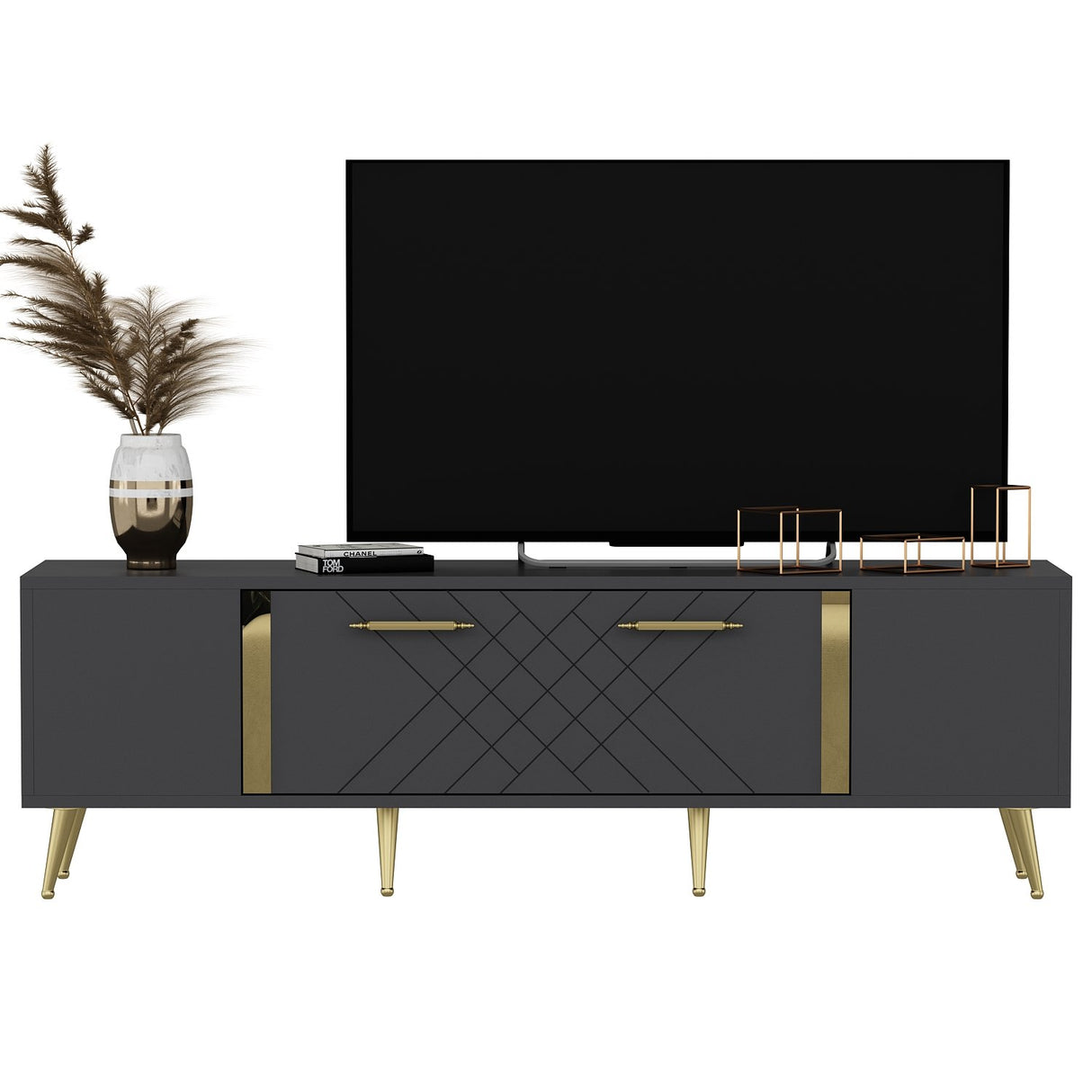 Comodă TV Detas, Diverse culori, 150x35x48 cm - Antracit - Auriu | SKU: 475OLV1138 | Comodă TV Detas, 150x35x48 cm, varianta Antracit - Auriu, produs pentru amenajarea locuinței, disponibil online în România la CasaMob