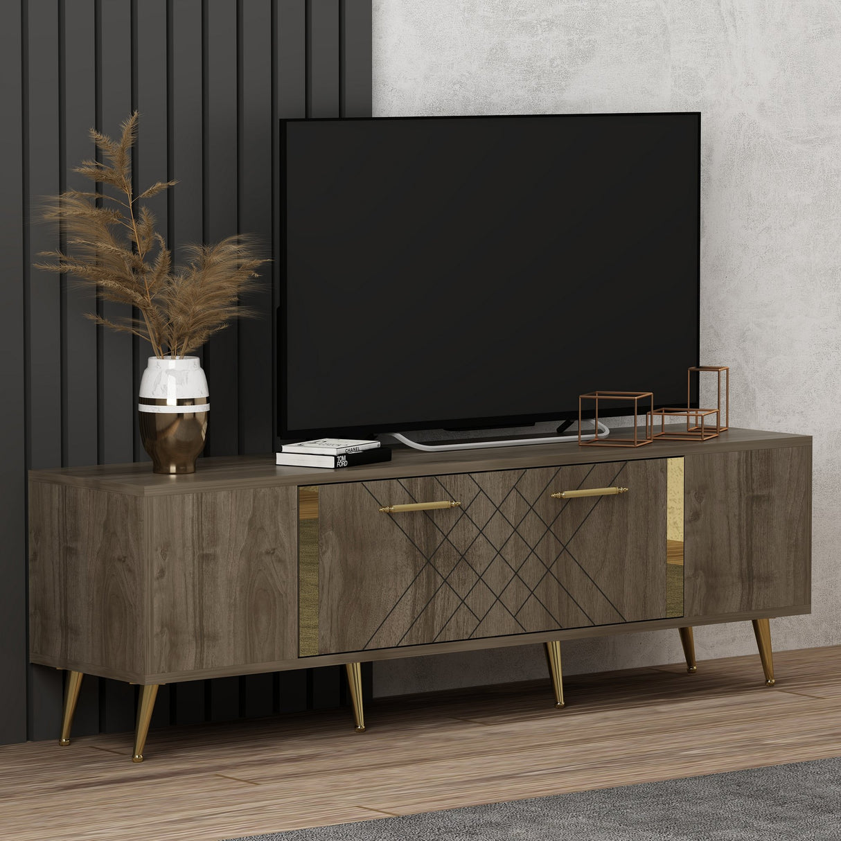 Comodă TV Detas, Nuc - Auriu, 150x35x48 cm