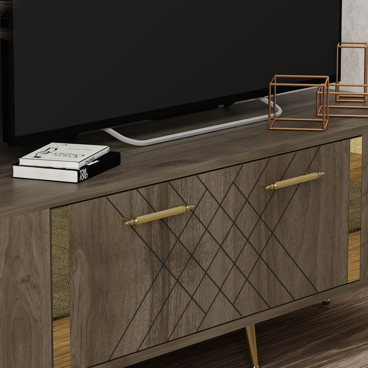 Comodă TV Detas, Nuc - Auriu, 150x35x48 cm