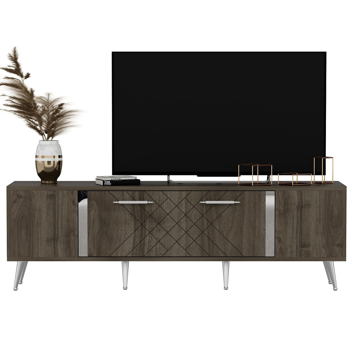Comodă TV Detas, Diverse culori, 150x35x48 cm - Nuc - Argintiu | SKU: 475OLV1141 | Comodă TV Detas, 150x35x48 cm, varianta Nuc - Argintiu, produs pentru amenajarea locuinței, disponibil online în România la CasaMob