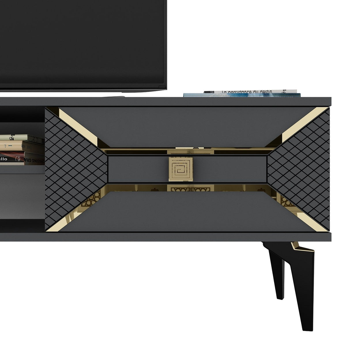 Comodă TV Yumedi, Diverse culori, 150x30x50 cm - Antracit - Auriu | SKU: 475OLV1158 | Comodă TV Yumedi, 150x30x50 cm, varianta Antracit - Auriu, produs pentru amenajarea locuinței, disponibil online în România la CasaMob